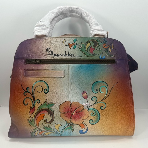 NEW - Anuschka Multi Compartment Hand Painted Leather Satchel - Henna Floral - Picture 5 of 14